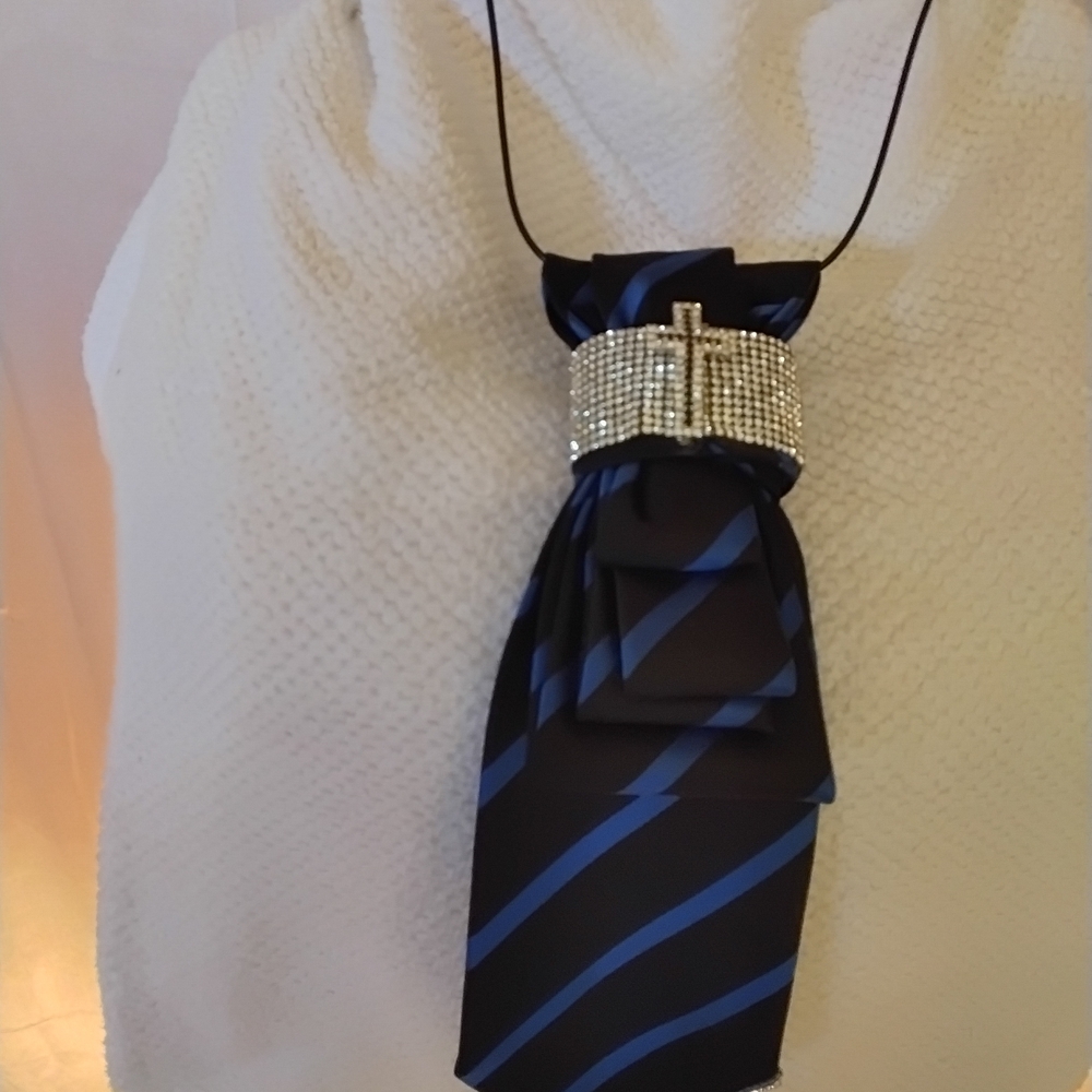 Black and Blue Striped Necktie with Rhinestone Cross